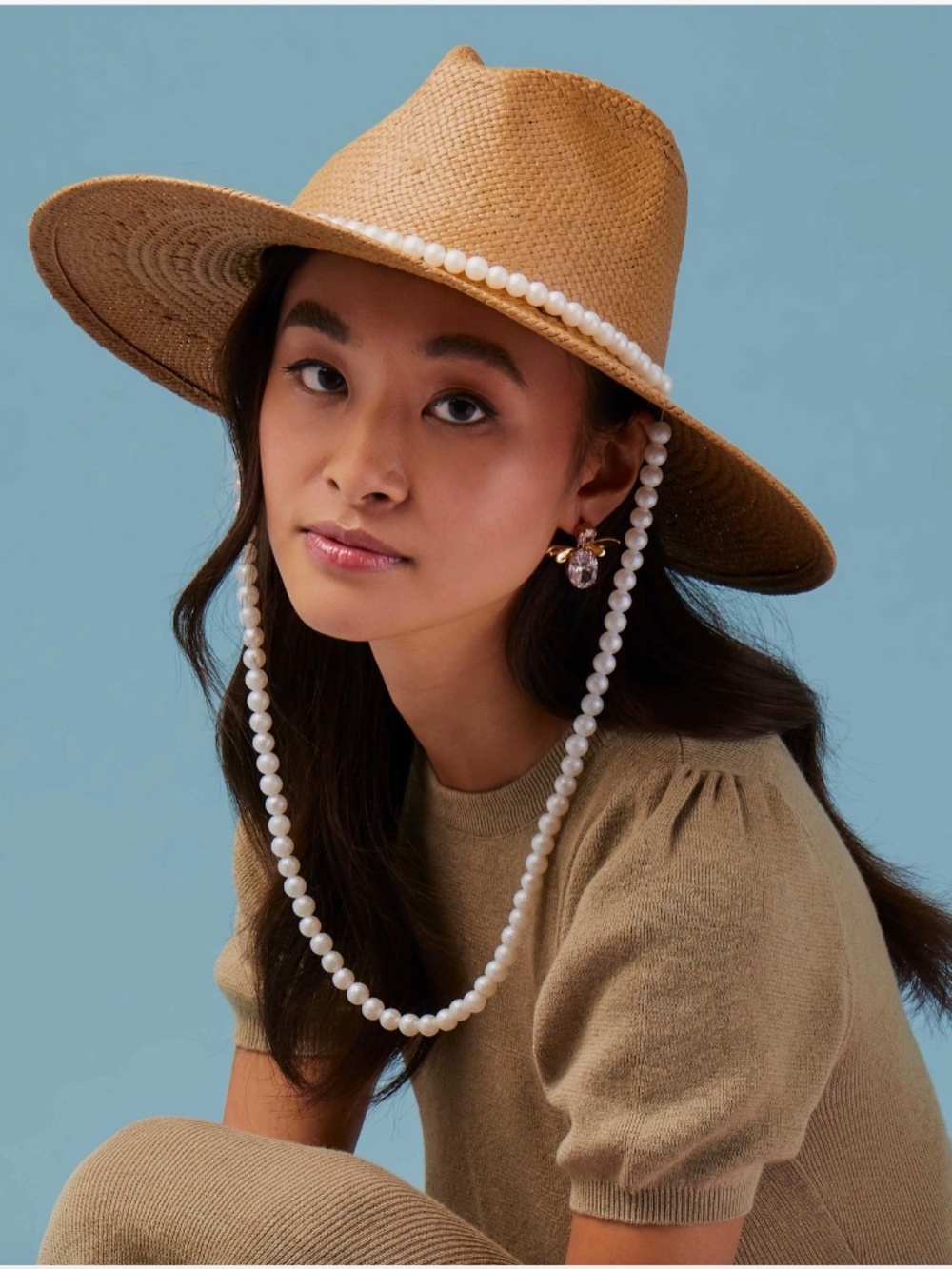 Lele Sadoughi Natural Pearl Strand Straw Hat